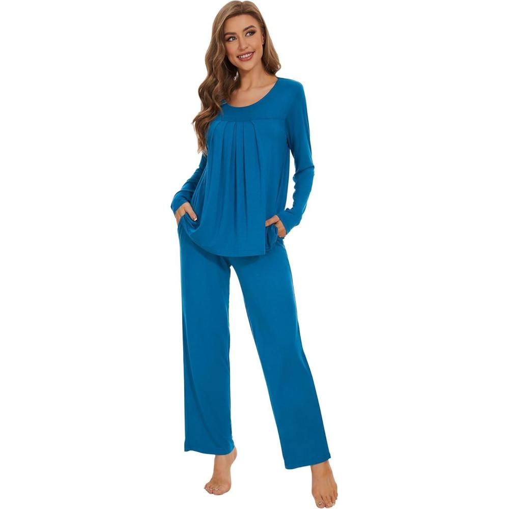 imageWiWi Womens Pajama Set Soft Long Sleeve Tee Pants Sleepwear 2 Piece Comfy Nightwear with Pockets Pjs SXXLCteal Blue