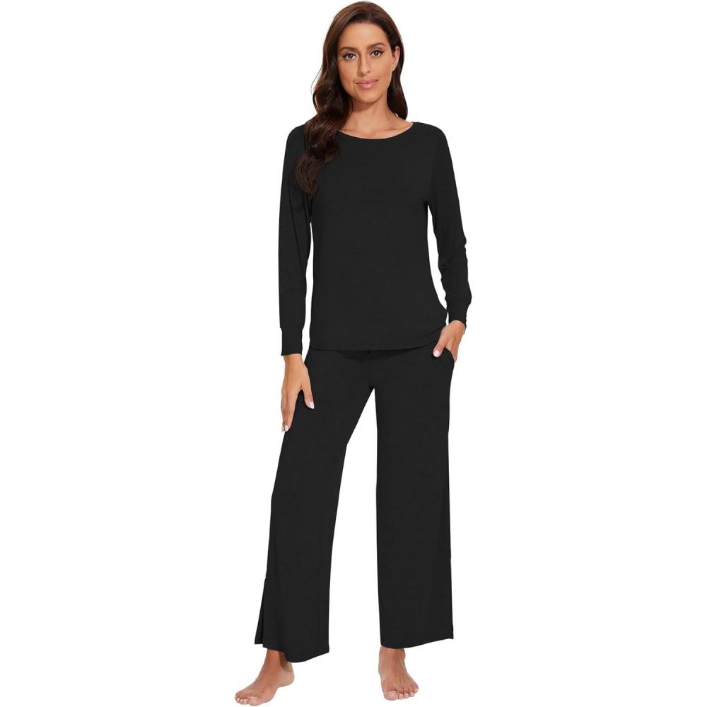 imageWiWi Womens Pajama Set Soft Long Sleeve Tee Pants Sleepwear 2 Piece Comfy Nightwear with Pockets Pjs SXXLDblack