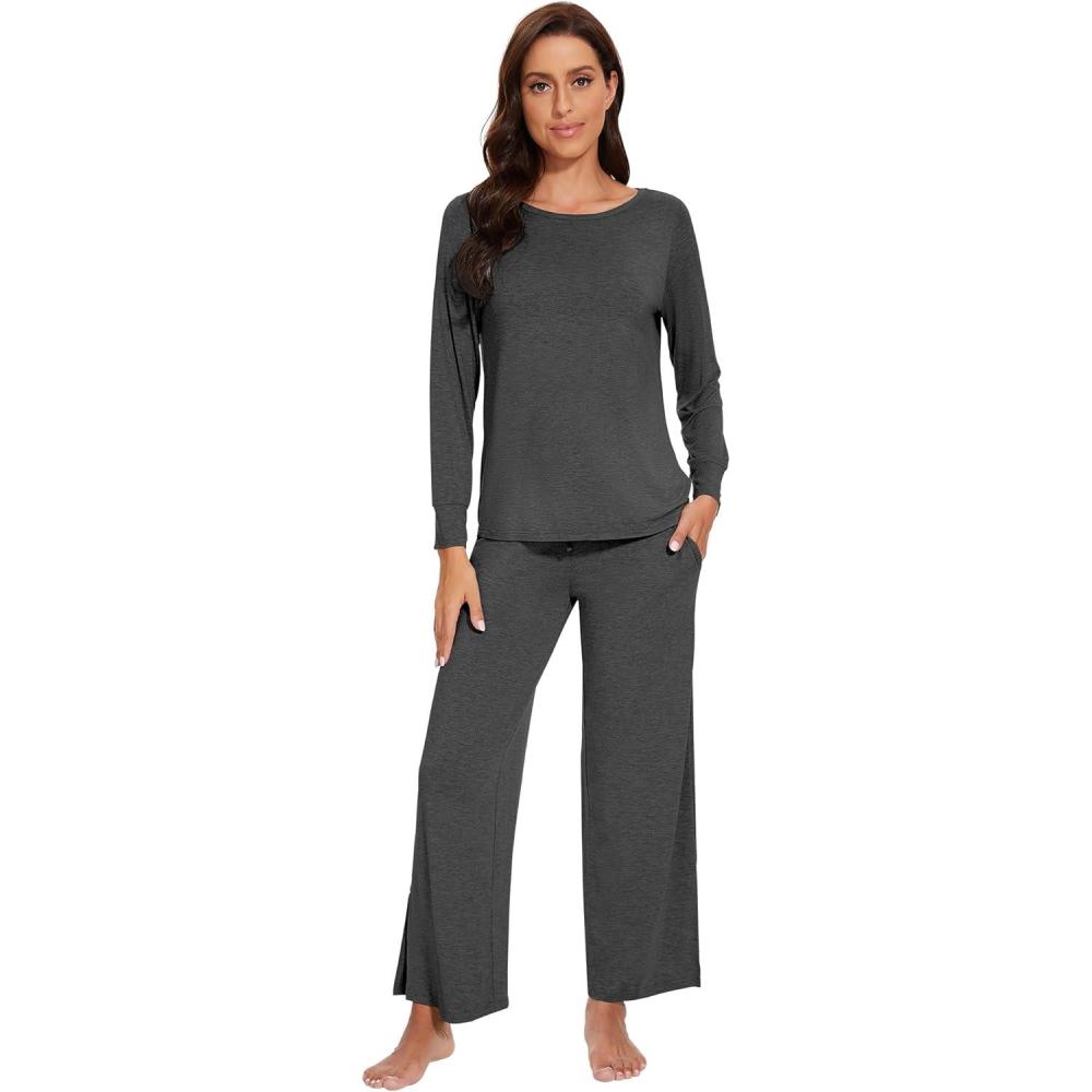 imageWiWi Womens Pajama Set Soft Long Sleeve Tee Pants Sleepwear 2 Piece Comfy Nightwear with Pockets Pjs SXXLDcharcoal Heather
