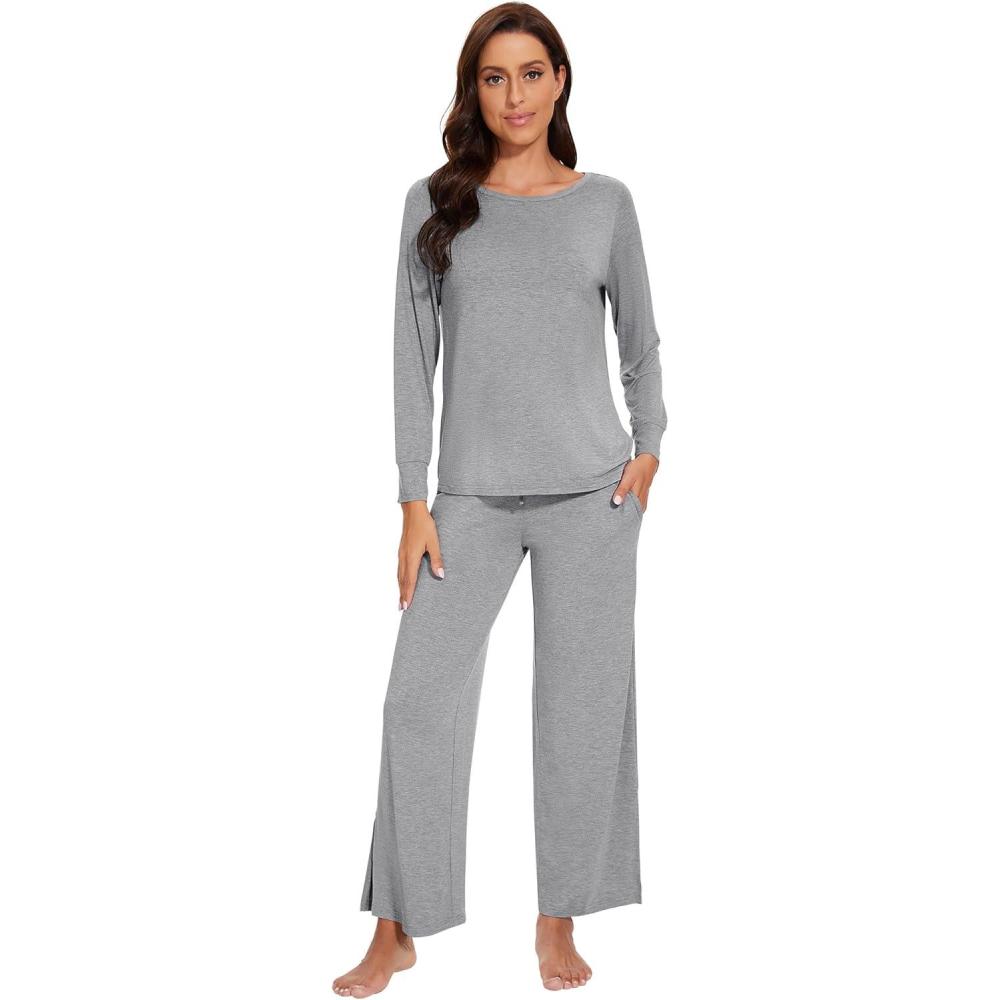 imageWiWi Womens Pajama Set Soft Long Sleeve Tee Pants Sleepwear 2 Piece Comfy Nightwear with Pockets Pjs SXXLDheather Grey