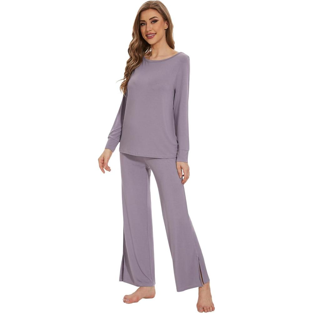 imageWiWi Womens Pajama Set Soft Long Sleeve Tee Pants Sleepwear 2 Piece Comfy Nightwear with Pockets Pjs SXXLDviolet