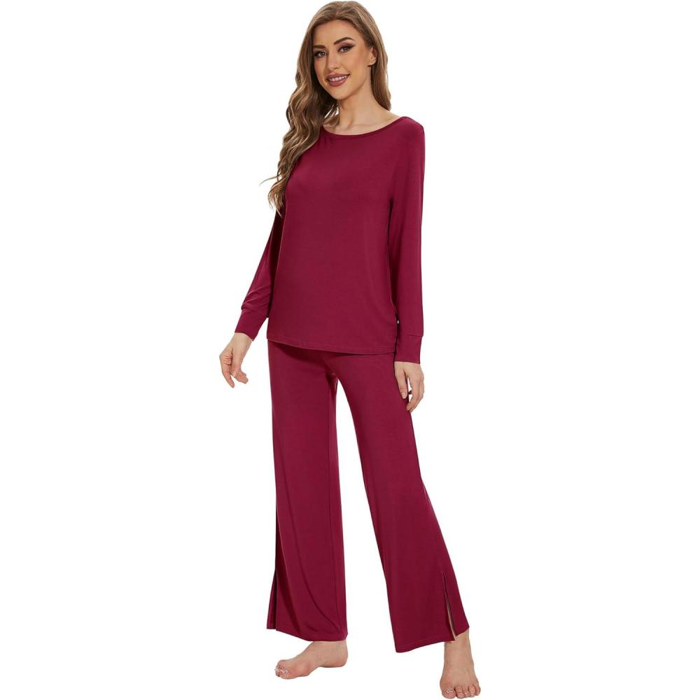imageWiWi Womens Pajama Set Soft Long Sleeve Tee Pants Sleepwear 2 Piece Comfy Nightwear with Pockets Pjs SXXLDwine