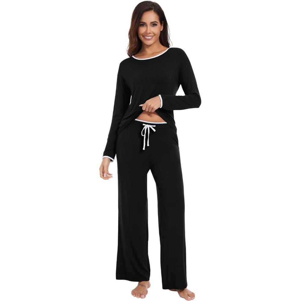imageWiWi Womens Pajama Set with Pocket Long Sleeve Top with Long Pajama Pant Set Soft PJ Viscose from Bamboo Loungewear SXXLBlack