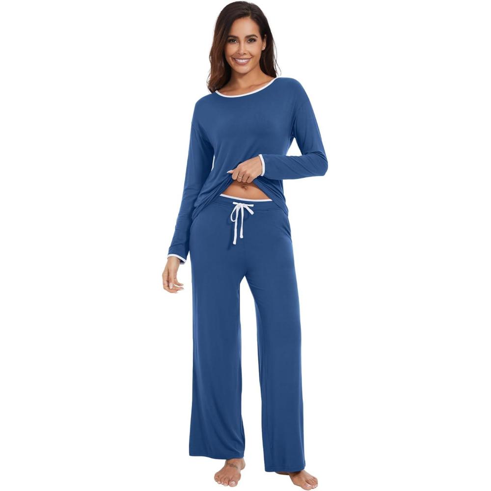 imageWiWi Womens Pajama Set with Pocket Long Sleeve Top with Long Pajama Pant Set Soft PJ Viscose from Bamboo Loungewear SXXLPrussian Blue