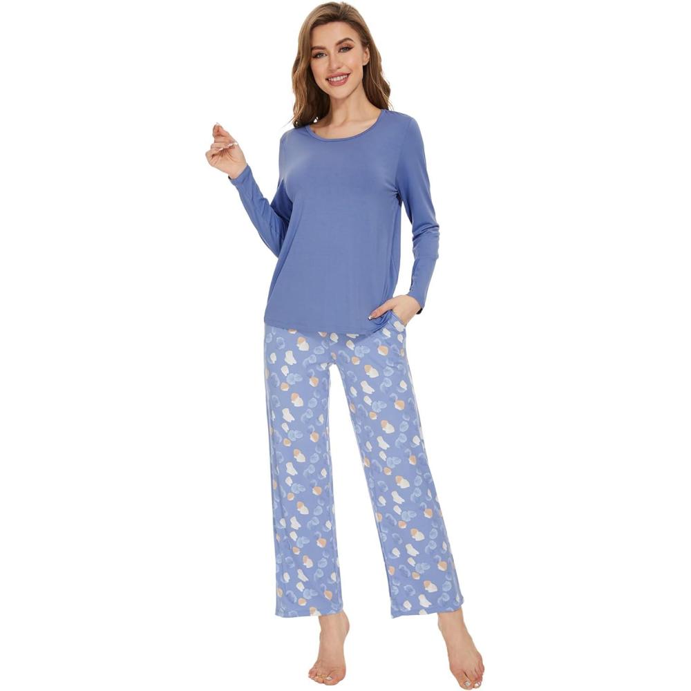 imageWiWi Womens Pajamas Set Printed Viscose from Bamboo Lounge Sets Soft Pajama Long Sleeve Sleepwear SXXLFog Blue
