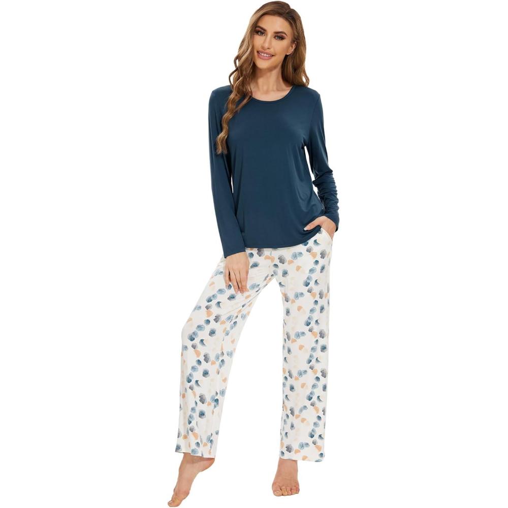 imageWiWi Womens Pajamas Set Printed Viscose from Bamboo Lounge Sets Soft Pajama Long Sleeve Sleepwear SXXLGreen