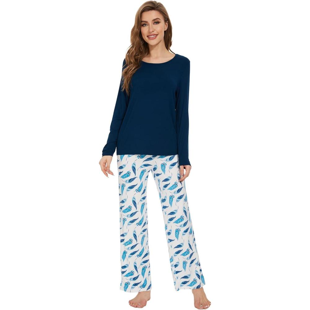 imageWiWi Womens Pajamas Set Printed Viscose from Bamboo Lounge Sets Soft Pajama Long Sleeve Sleepwear SXXLInk Blue