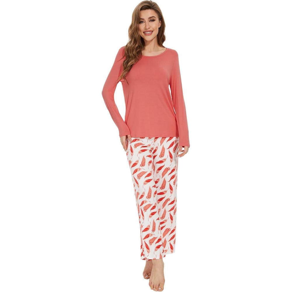 imageWiWi Womens Pajamas Set Printed Viscose from Bamboo Lounge Sets Soft Pajama Long Sleeve Sleepwear SXXLLight Coral
