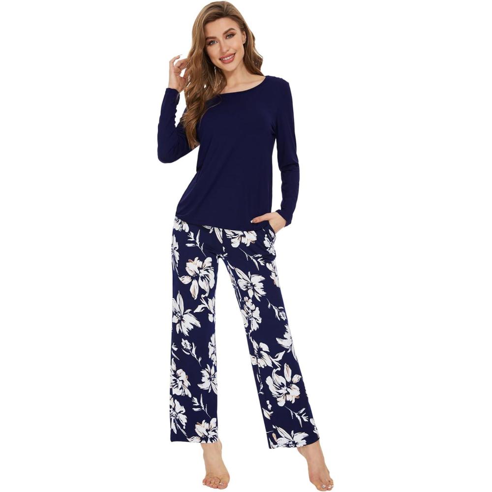 imageWiWi Womens Pajamas Set Printed Viscose from Bamboo Lounge Sets Soft Pajama Long Sleeve Sleepwear SXXLNavy