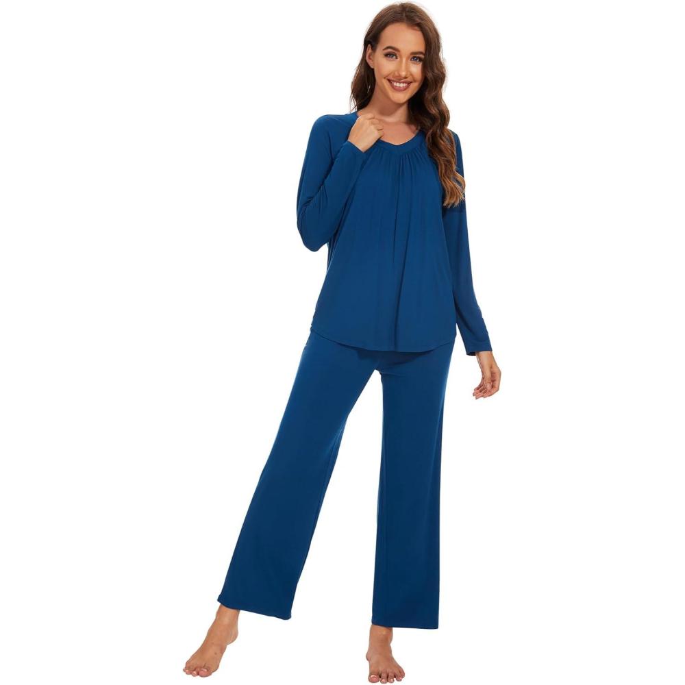 imageWiWi Womens Pajamas Set Sleepwear Loungewear Long Sleeve Pajama Sets Soft Pjs Viscose from Bamboo 2 Piece PJ SXXLAink Blue