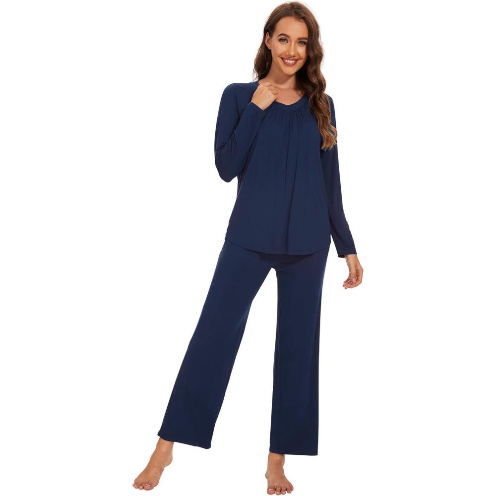 imageWiWi Womens Pajamas Set Sleepwear Loungewear Long Sleeve Pajama Sets Soft Pjs Viscose from Bamboo 2 Piece PJ SXXLAnavy