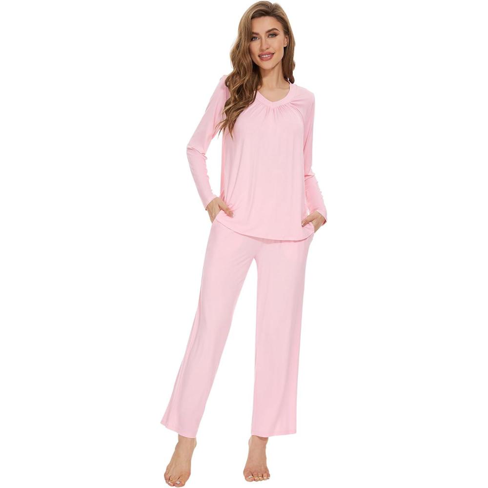 imageWiWi Womens Pajamas Set Sleepwear Loungewear Long Sleeve Pajama Sets Soft Pjs Viscose from Bamboo 2 Piece PJ SXXLApink