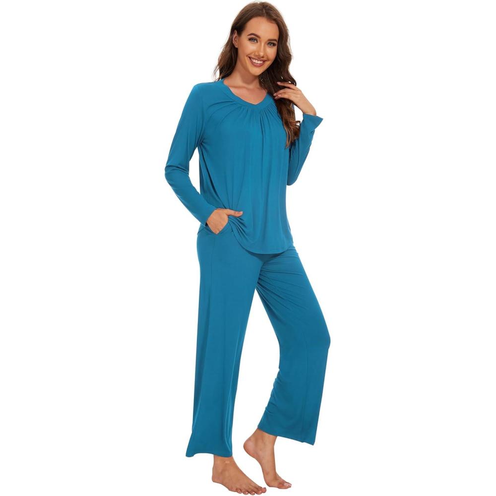 imageWiWi Womens Pajamas Set Sleepwear Loungewear Long Sleeve Pajama Sets Soft Pjs Viscose from Bamboo 2 Piece PJ SXXLAteal Blue