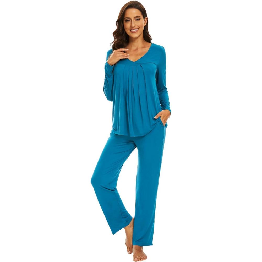 imageWiWi Womens Pajamas Set Sleepwear Loungewear Long Sleeve Pajama Sets Soft Pjs Viscose from Bamboo 2 Piece PJ SXXLBteal Blue