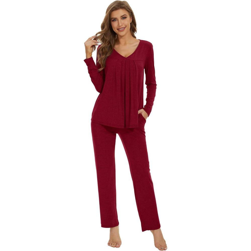 imageWiWi Womens Pajamas Set Sleepwear Loungewear Long Sleeve Pajama Sets Soft Pjs Viscose from Bamboo 2 Piece PJ SXXLBwine Red
