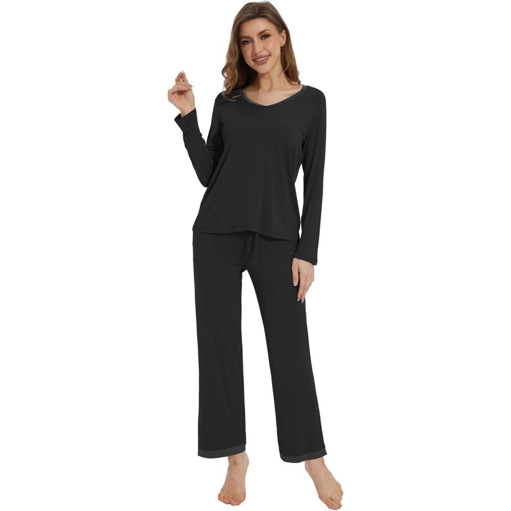 imageWiWi Womens Pajamas Set Sleepwear Loungewear Long Sleeve Pajama Sets Soft Pjs Viscose from Bamboo 2 Piece PJ SXXLCblack