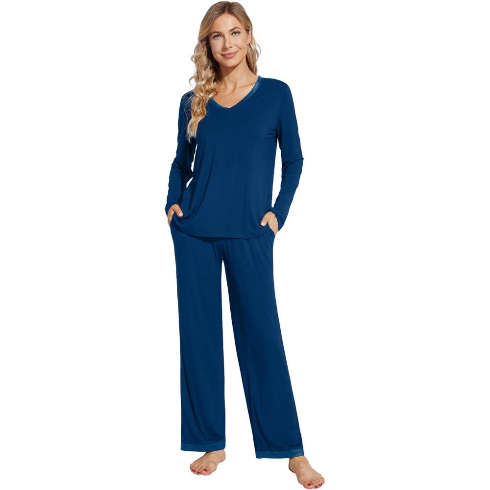 imageWiWi Womens Pajamas Set Sleepwear Loungewear Long Sleeve Pajama Sets Soft Pjs Viscose from Bamboo 2 Piece PJ SXXLCink Blue