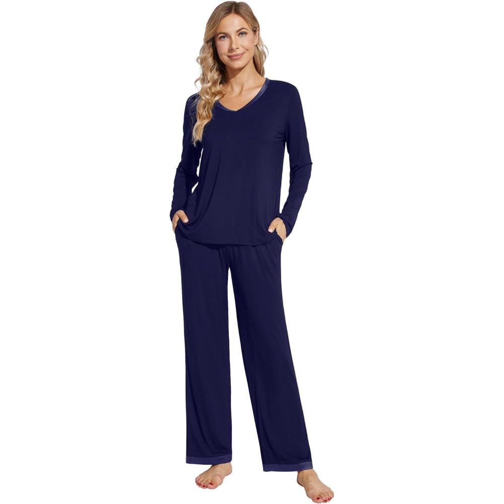 imageWiWi Womens Pajamas Set Sleepwear Loungewear Long Sleeve Pajama Sets Soft Pjs Viscose from Bamboo 2 Piece PJ SXXLCnavy