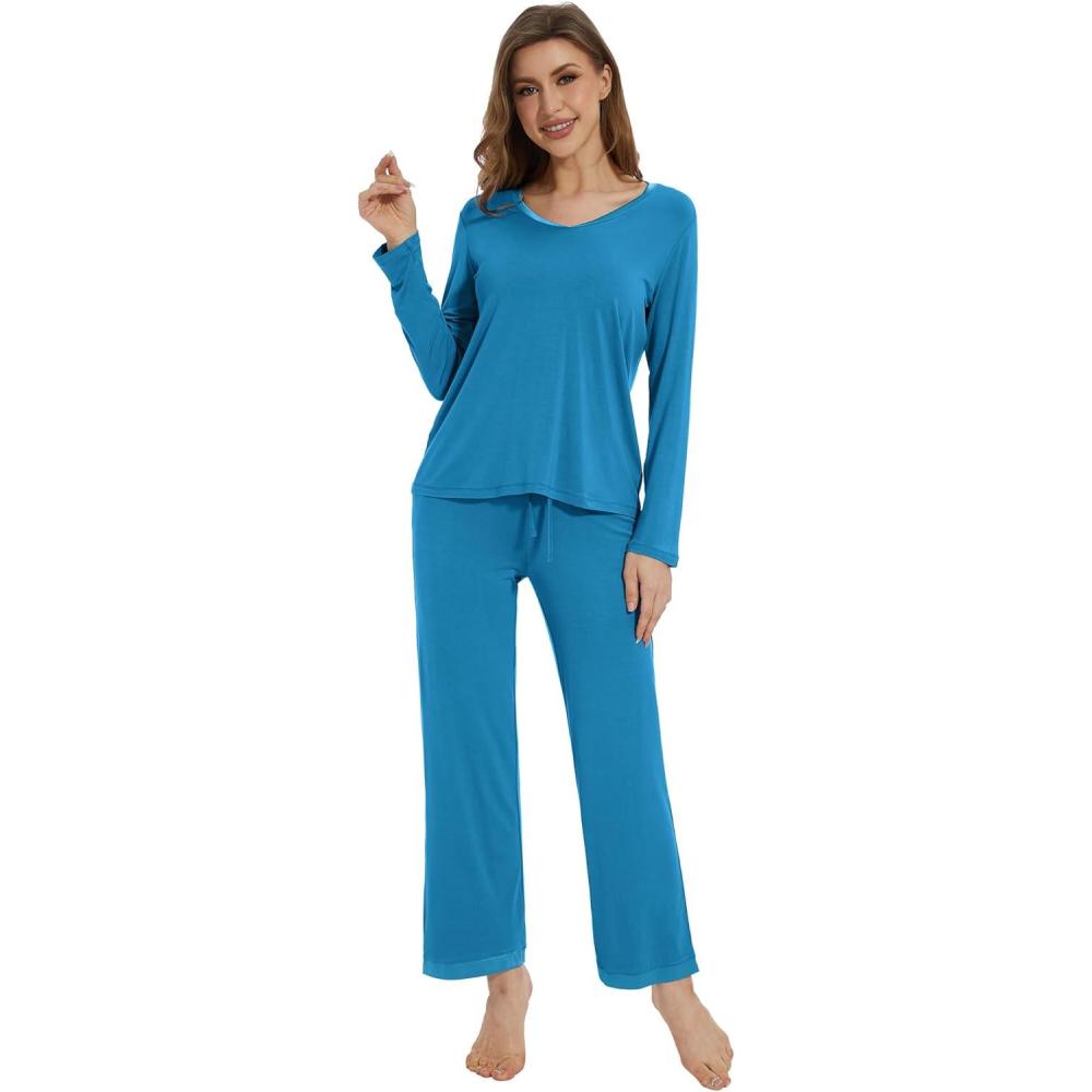 imageWiWi Womens Pajamas Set Sleepwear Loungewear Long Sleeve Pajama Sets Soft Pjs Viscose from Bamboo 2 Piece PJ SXXLCteal Blue
