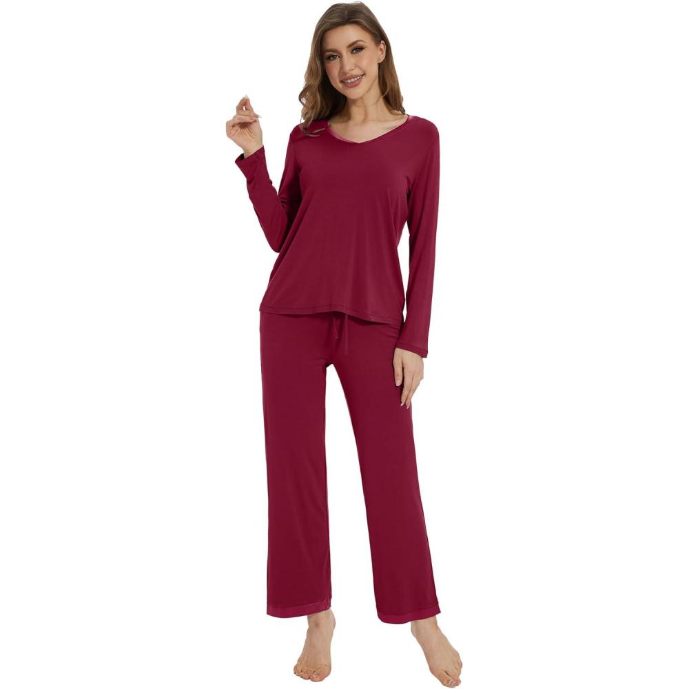 imageWiWi Womens Pajamas Set Sleepwear Loungewear Long Sleeve Pajama Sets Soft Pjs Viscose from Bamboo 2 Piece PJ SXXLCwine