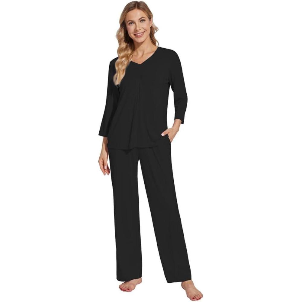 imageWiWi Womens Pajamas Set Sleepwear Loungewear Long Sleeve Pajama Sets Soft Pjs Viscose from Bamboo 2 Piece PJ SXXLDblack