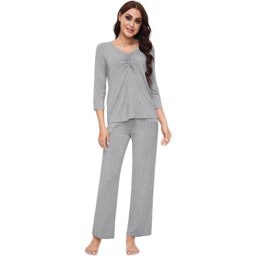 imageWiWi Womens Pajamas Set Sleepwear Loungewear Long Sleeve Pajama Sets Soft Pjs Viscose from Bamboo 2 Piece PJ SXXLDheather Grey