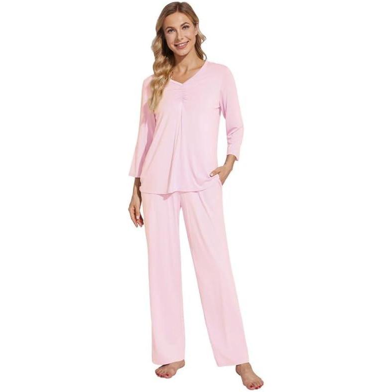 imageWiWi Womens Pajamas Set Sleepwear Loungewear Long Sleeve Pajama Sets Soft Pjs Viscose from Bamboo 2 Piece PJ SXXLDpink
