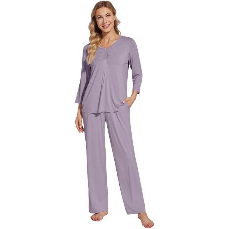 imageWiWi Womens Pajamas Set Sleepwear Loungewear Long Sleeve Pajama Sets Soft Pjs Viscose from Bamboo 2 Piece PJ SXXLDviolet