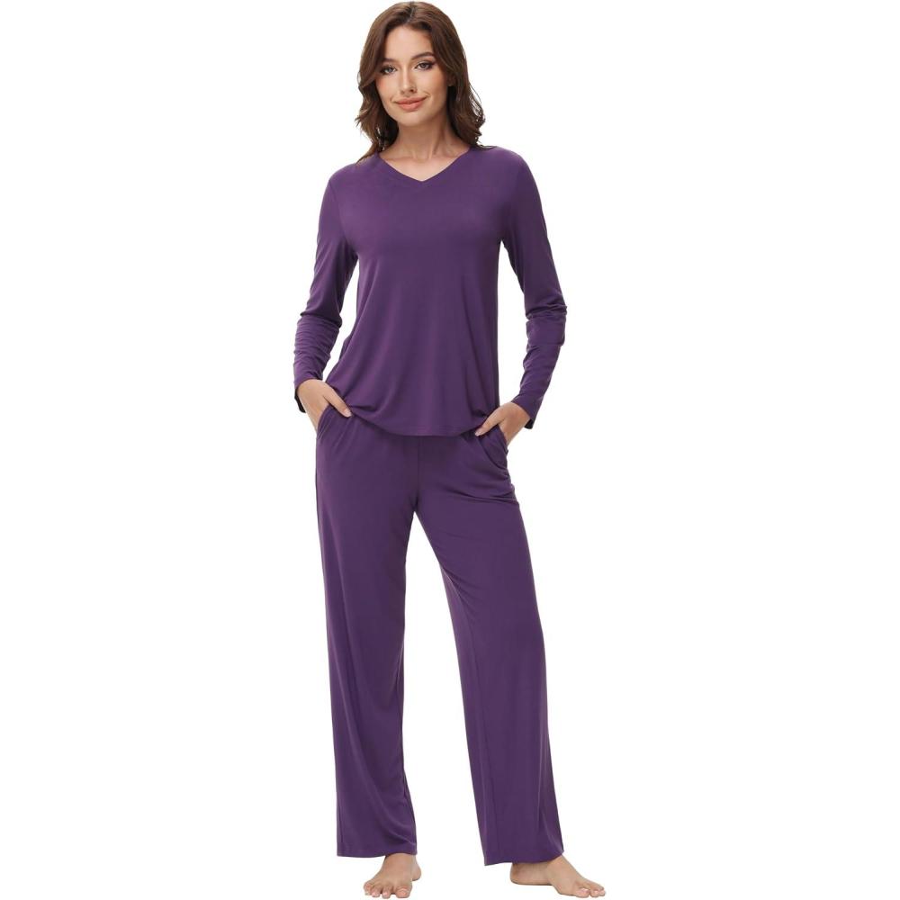 imageWiWi Womens Pajamas Set with Long Sleeve and Pants Soft Loungewear Comfortable Sleepwear Viscose from Bamboo SXXLDark Purple