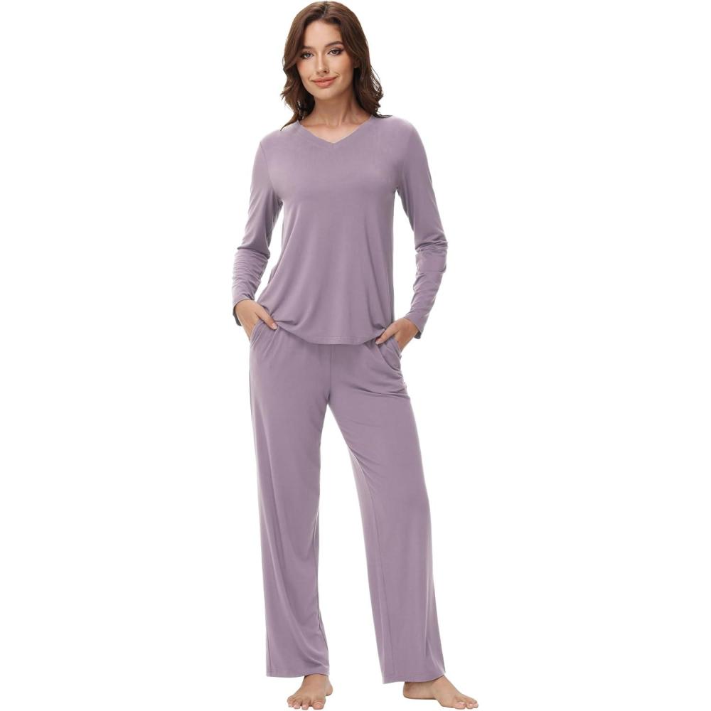 imageWiWi Womens Pajamas Set with Long Sleeve and Pants Soft Loungewear Comfortable Sleepwear Viscose from Bamboo SXXLViolet