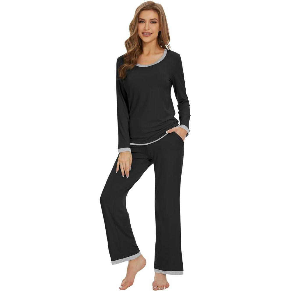 imageWiWi Womens Viscose from Bamboo Pajama Sets Soft Long Sleeves Top with Pants Loose 2 Pieces Loungewear Set SXXLAblack