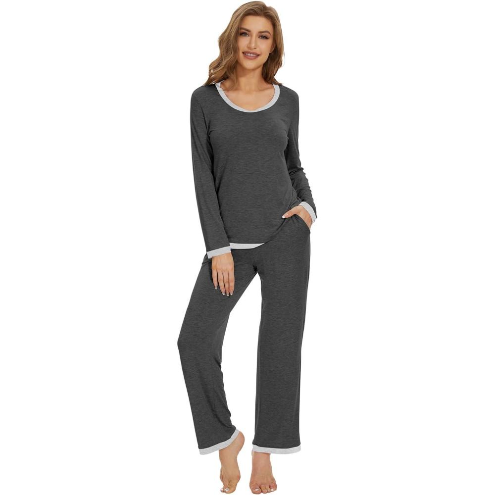 imageWiWi Womens Viscose from Bamboo Pajama Sets Soft Long Sleeves Top with Pants Loose 2 Pieces Loungewear Set SXXLAcharcoal Heather