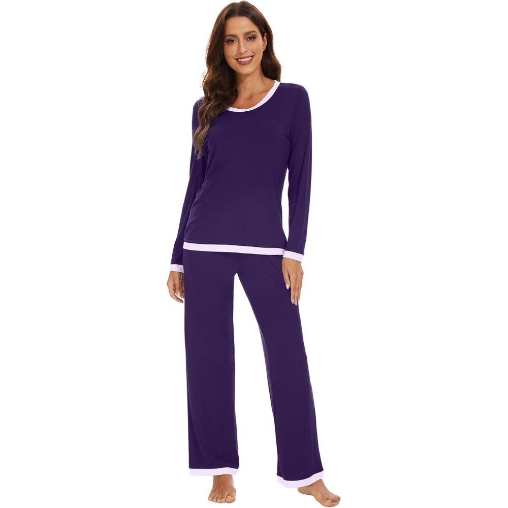 imageWiWi Womens Viscose from Bamboo Pajama Sets Soft Long Sleeves Top with Pants Loose 2 Pieces Loungewear Set SXXLAdark Purple