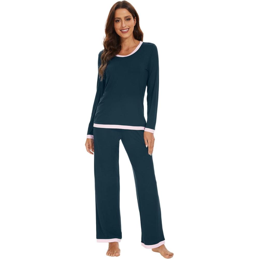 imageWiWi Womens Viscose from Bamboo Pajama Sets Soft Long Sleeves Top with Pants Loose 2 Pieces Loungewear Set SXXLAdeep Teal