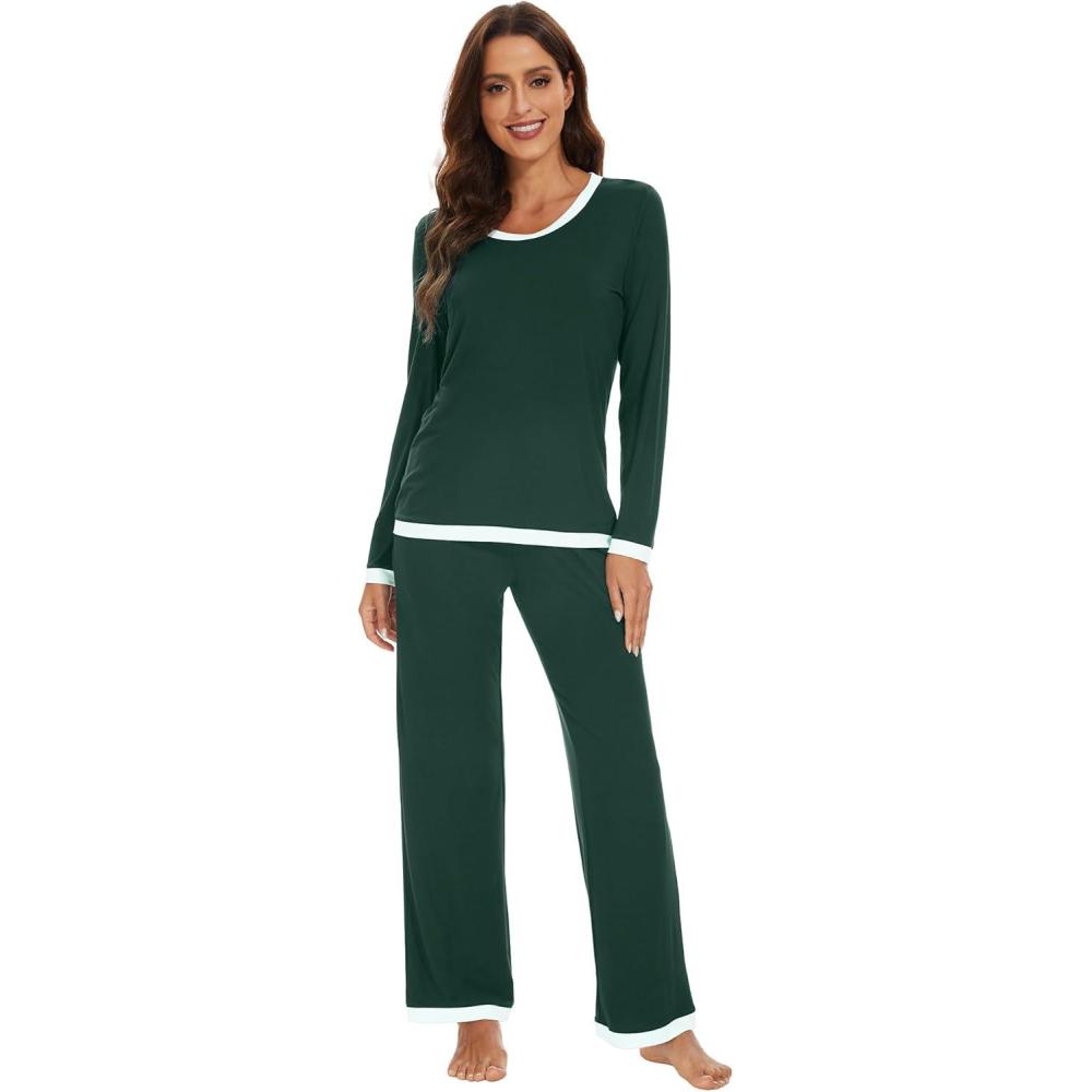 imageWiWi Womens Viscose from Bamboo Pajama Sets Soft Long Sleeves Top with Pants Loose 2 Pieces Loungewear Set SXXLAfence Green