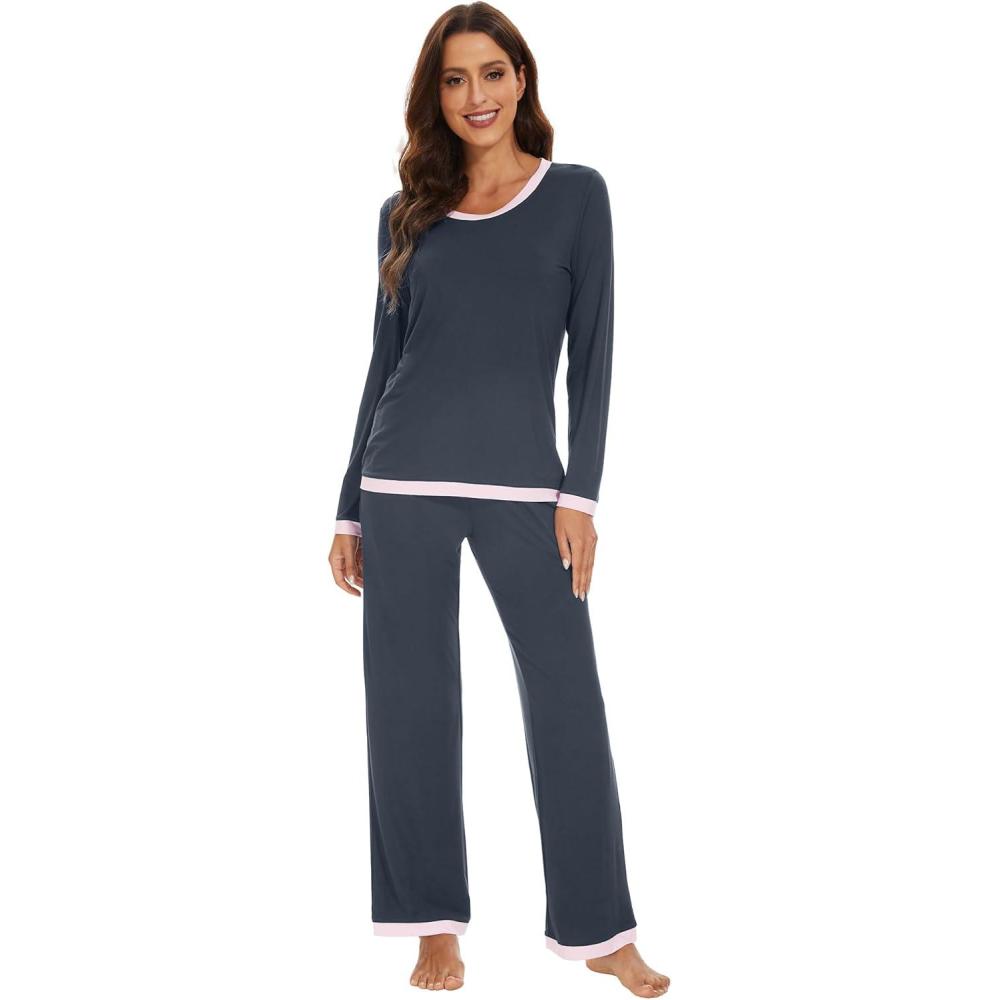 imageWiWi Womens Viscose from Bamboo Pajama Sets Soft Long Sleeves Top with Pants Loose 2 Pieces Loungewear Set SXXLAmidnight Blue