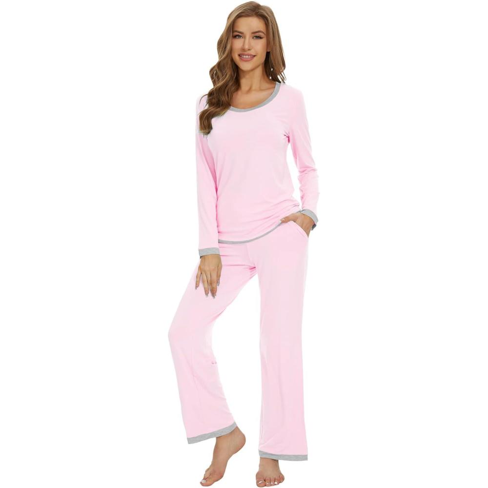imageWiWi Womens Viscose from Bamboo Pajama Sets Soft Long Sleeves Top with Pants Loose 2 Pieces Loungewear Set SXXLApink