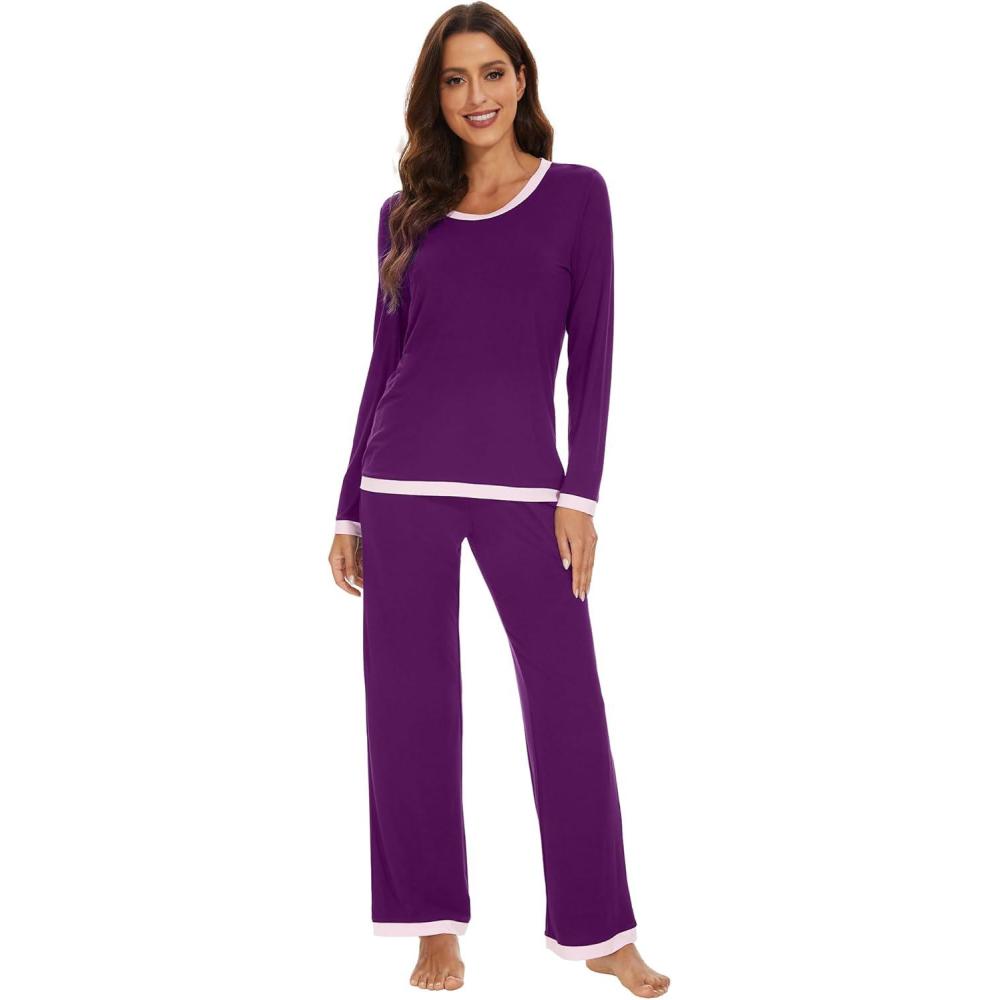 imageWiWi Womens Viscose from Bamboo Pajama Sets Soft Long Sleeves Top with Pants Loose 2 Pieces Loungewear Set SXXLApurplish Red