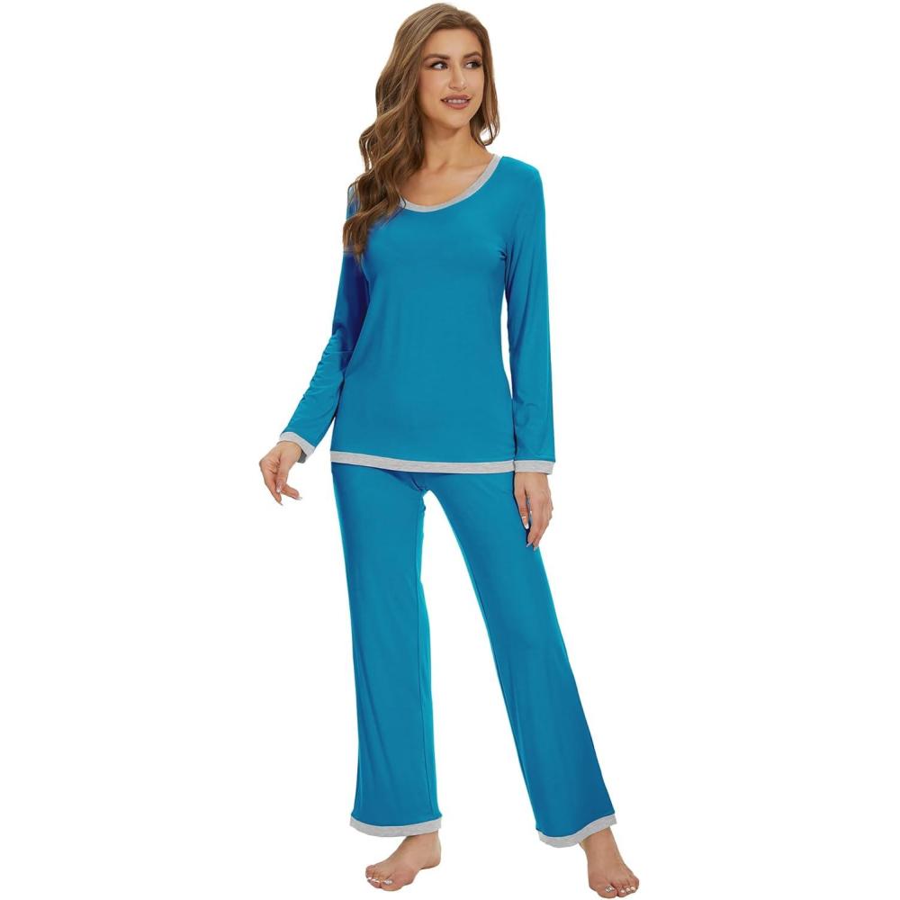 imageWiWi Womens Viscose from Bamboo Pajama Sets Soft Long Sleeves Top with Pants Loose 2 Pieces Loungewear Set SXXLAteal Blue