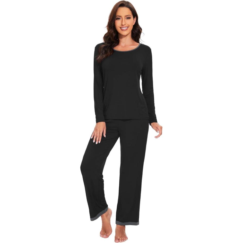 imageWiWi Womens Viscose from Bamboo Pajama Sets Soft Long Sleeves Top with Pants Loose 2 Pieces Loungewear Set SXXLBblack