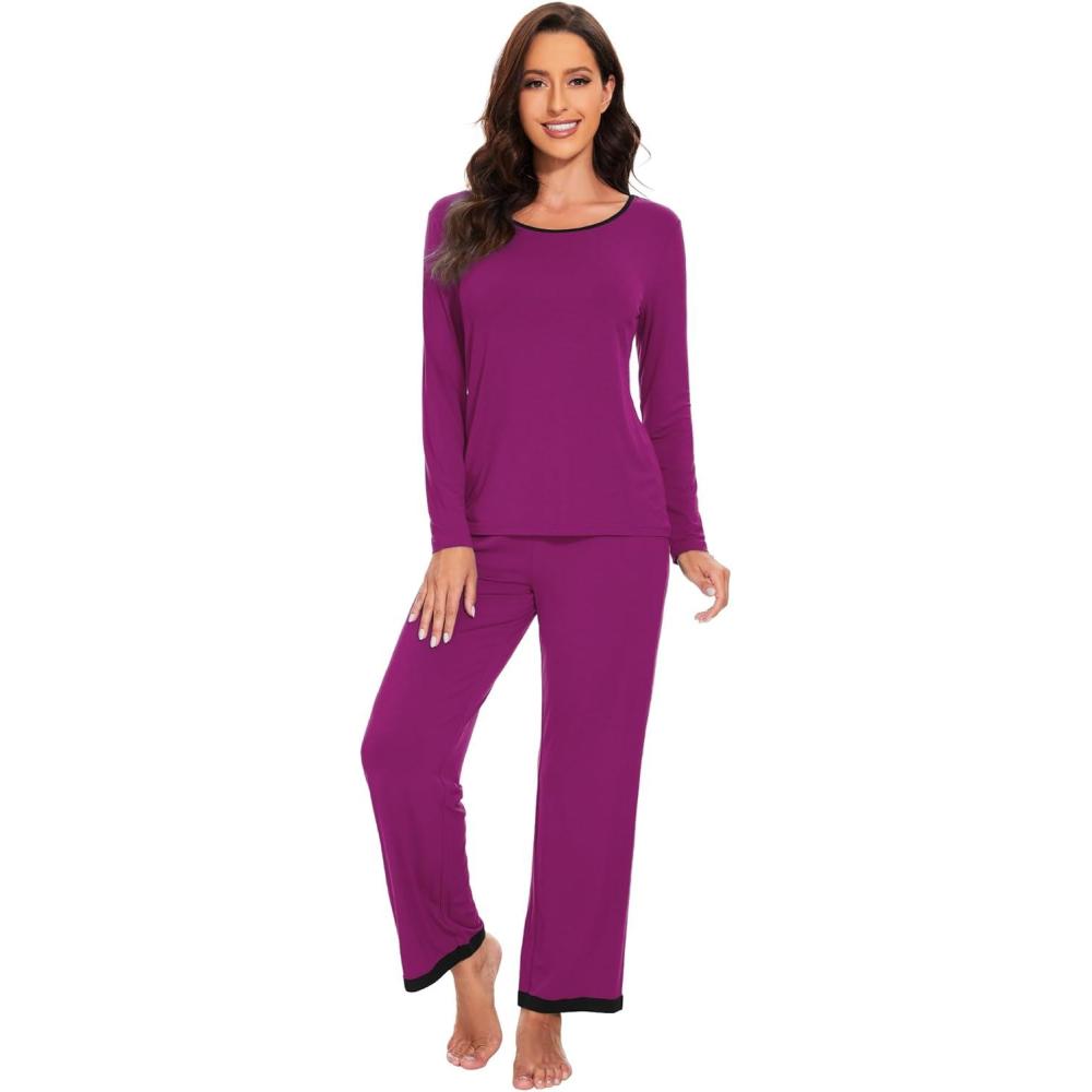 imageWiWi Womens Viscose from Bamboo Pajama Sets Soft Long Sleeves Top with Pants Loose 2 Pieces Loungewear Set SXXLBdark Reddish Purple