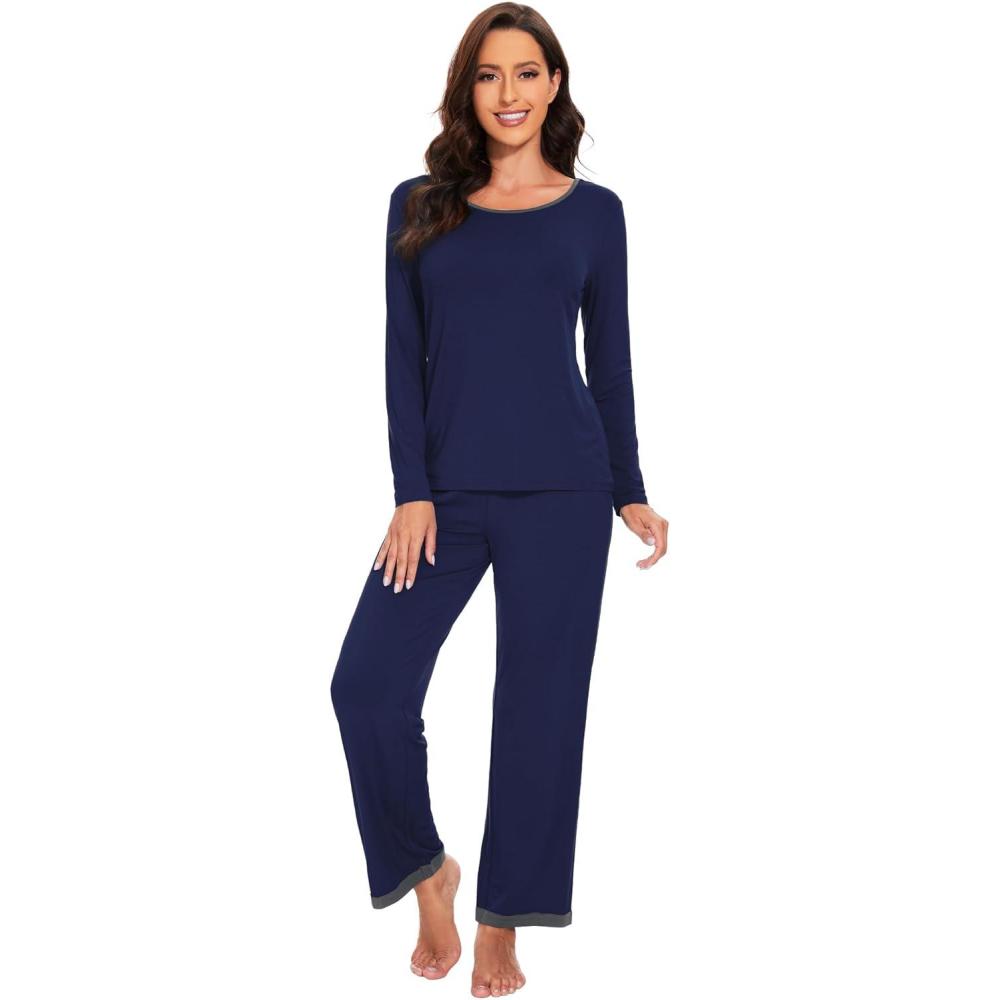 imageWiWi Womens Viscose from Bamboo Pajama Sets Soft Long Sleeves Top with Pants Loose 2 Pieces Loungewear Set SXXLBnavy