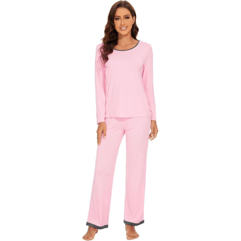 imageWiWi Womens Viscose from Bamboo Pajama Sets Soft Long Sleeves Top with Pants Loose 2 Pieces Loungewear Set SXXLBpink