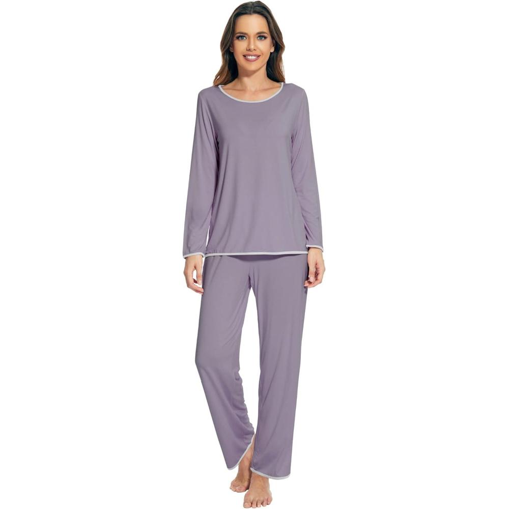 imageWiWi Womens Viscose from Bamboo Pajamas Set Soft Long Sleeve Tops and Pants Sleepwear Lightweight Pj Loungewear SXXLAviolet