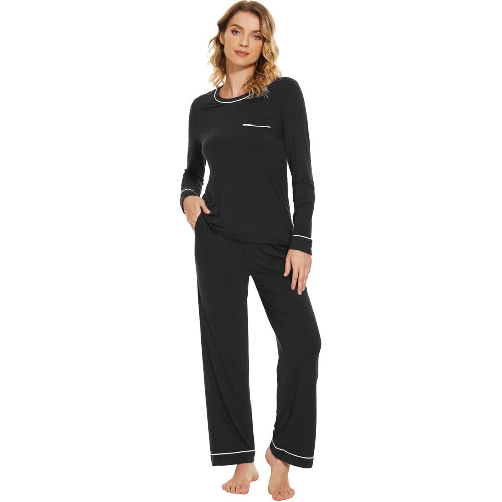 imageWiWi Womens Viscose from Bamboo Pajamas Set Soft Long Sleeve Tops and Pants Sleepwear Lightweight Pj Loungewear SXXLBblack