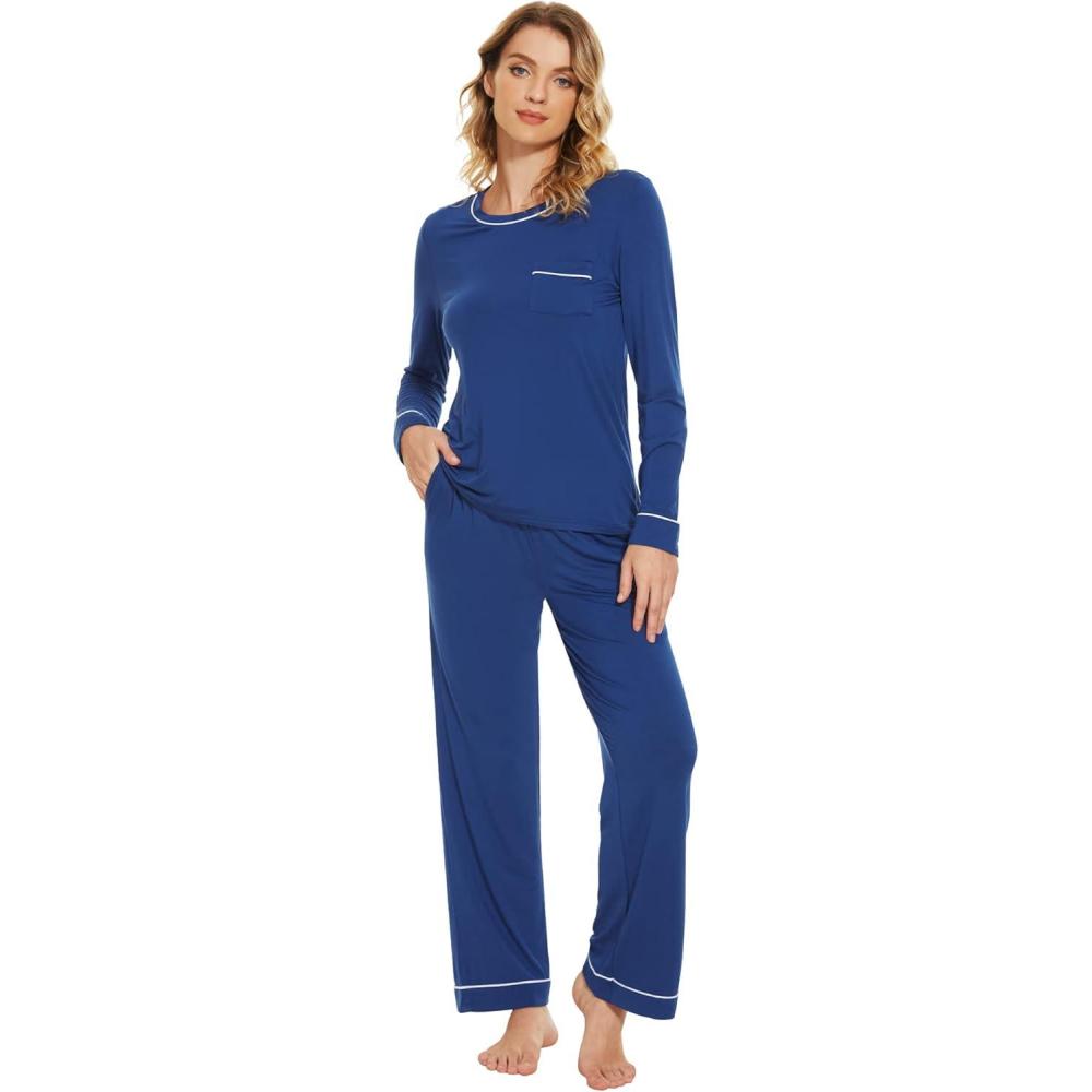 imageWiWi Womens Viscose from Bamboo Pajamas Set Soft Long Sleeve Tops and Pants Sleepwear Lightweight Pj Loungewear SXXLBblue Depth