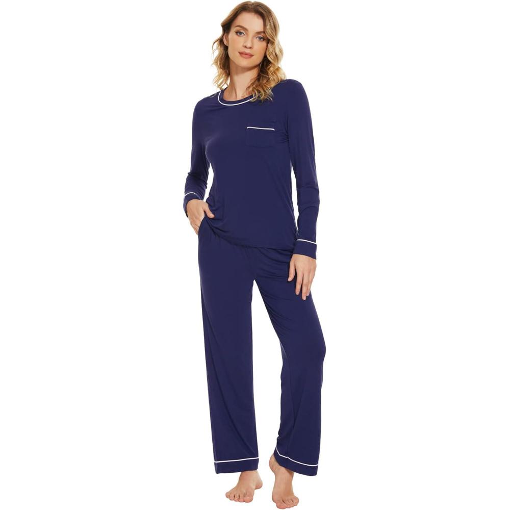 imageWiWi Womens Viscose from Bamboo Pajamas Set Soft Long Sleeve Tops and Pants Sleepwear Lightweight Pj Loungewear SXXLBnavy