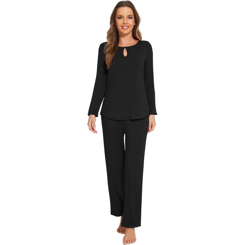 imageWiWi Womens Viscose from Bamboo Pajamas Set Soft Long Sleeve Tops and Pants Sleepwear Lightweight Pj Loungewear SXXLCblack