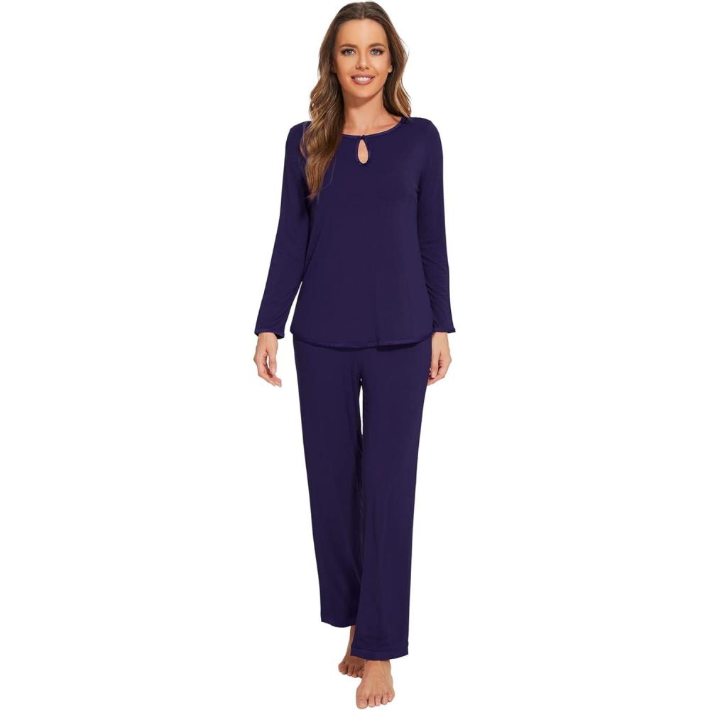 imageWiWi Womens Viscose from Bamboo Pajamas Set Soft Long Sleeve Tops and Pants Sleepwear Lightweight Pj Loungewear SXXLCnavy