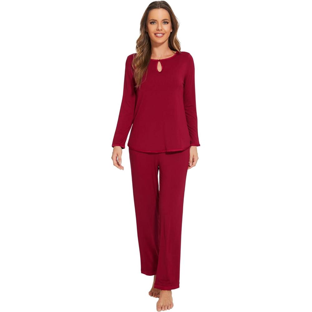imageWiWi Womens Viscose from Bamboo Pajamas Set Soft Long Sleeve Tops and Pants Sleepwear Lightweight Pj Loungewear SXXLCwine Red